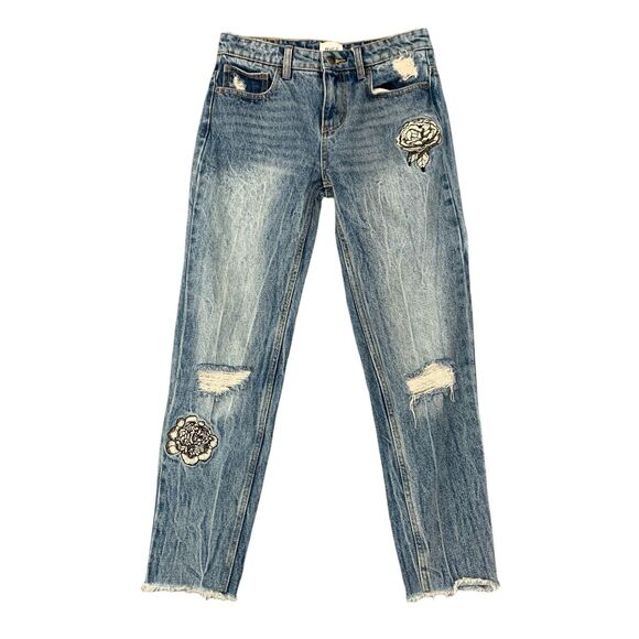 RVCA Jean Women 25 Indigo Worn Kewl Kid Anp Denim Boyfriend Embroidered Rip Knee - Picture 1 of 15